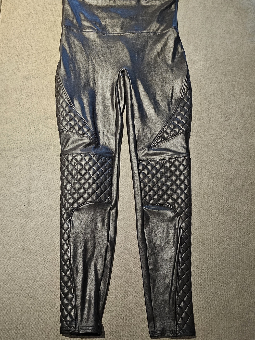 Spanx Quilted Faux Leather Shiny Black Moto Womens Leggings Size M